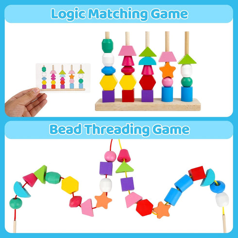 Montessori Toys for 2 3 4 Year Old Kid Boy Girl Toddler, Montessori Wooden Beads Sequencing Toy Set, Lacing Beads & Stacking Block & Matching Shap...
