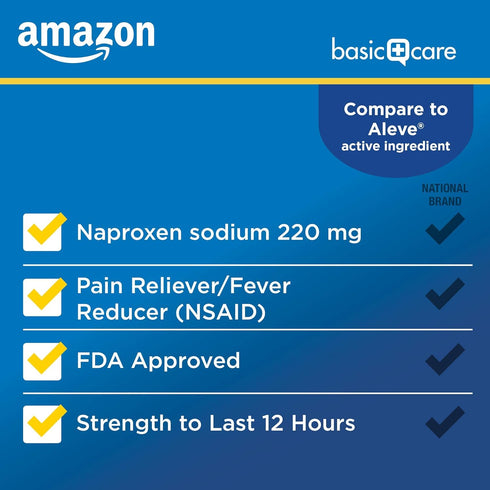 Amazon Basic Care Naproxen Sodium Caplets 220 mg, Fever Reducer (NSAID) and Pain Reliever for Muscular Aches, Backache, Headache, Toothache, Minor...