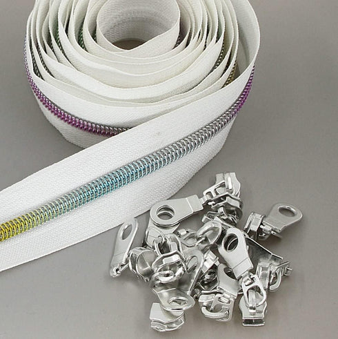 Leekayer #5 Metallic Nylon Coil Zippers by The Yard Colorful Teeth Zipper Bulk 10 Yards White Tape with 25pcs Silver Sliders for DIY Sewing Tailor...