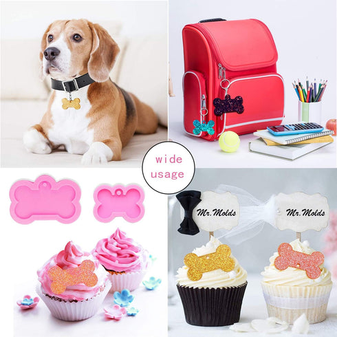 7 Pieces Dog Bone Shaped Keychain Silicone Resin Molds Set Heart Cat Paw Mold Dog Tag Charm Resin Molds with 10Pcs Blank Keychains Small Letters D...