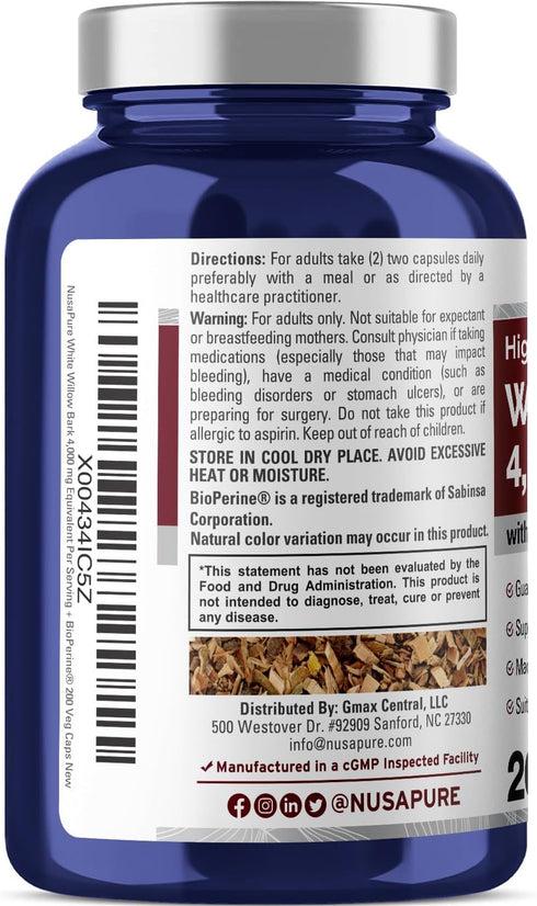 NusaPure White Willow Bark 4000mg, 200 Veggie Capsules, Max Strength, Non-GMO, Bioperine, Herb Extract...