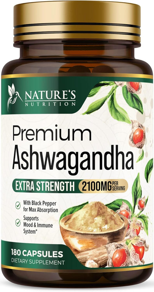 Herbal Ashwagandha 2,100 mg - Extra Strength Unwind, Calm & Relax Support with Black Pepper - Natural Focus & Energy Support - Ashwagandha Powder ...