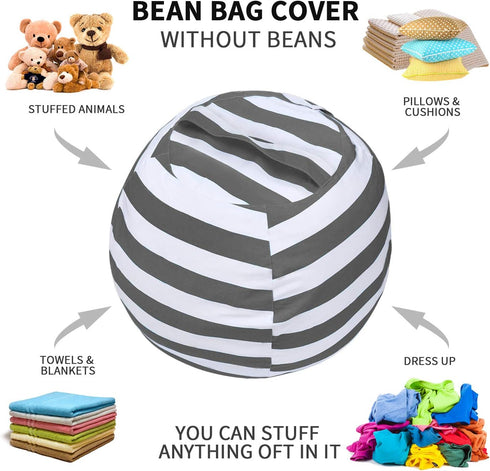 Miaowater 2 PCS Stuffed Animal Storage Bean Bag Chair Cover, Cotton Canvas Beanbag with Zipper for Organizing Kid's and Adults Room Grey 24"...