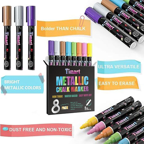 Timart Metallic 8 Pack Liquid Chalk Markers, Bold Wet & Dry Erase Marker Pens for Chalkboards Signs, Blackboards, Windows, Glass- 6mm Reversible T...