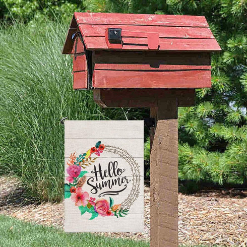 Hello Summer Garden Flag Vertical Double Sided 12.5 x 18 Inch Floral Wreath Burlap Yard Outdoor Decor...