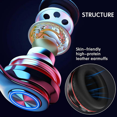 Bluetooth Over Ear Headphones, Colorful LED Lights Deep Bass Headphones with Microphone, Lightweight Wired and Wireless Foldable HiFi Stereo Headp...