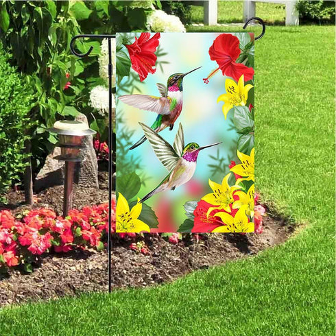 ALAZA Hummingbirds Red Flower Hibiscus Yellow Lilies Birds Small Garden Yard Flag 12" x 18" Twin Sides, Tropical Flower Leaves Birds Decorative Fl...
