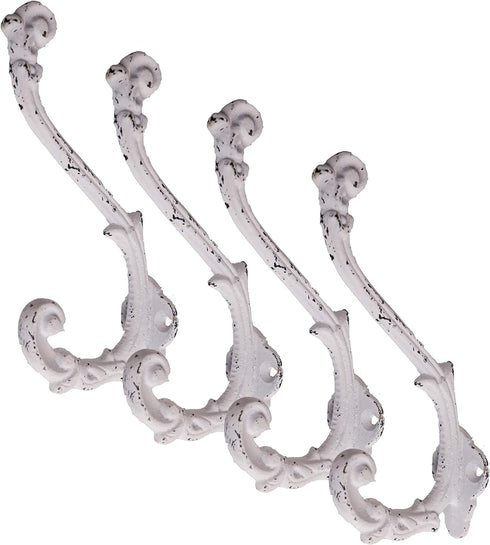 CRAFTSMAN ROAD Vintage Cast Iron Wall Hooks (Antique White Finish, Set of 4) - Rustic, Farmhouse, Shabby Chic, French Country Coat Hooks | Great f...