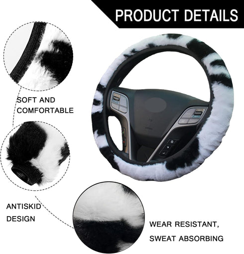ZYNQACC 10 Pack Cow Print Car Accessories for Women & Girls, Fluffy Plush Cow Steering Wheel Cover Universal 15 inch Cute Car Interior Decor...