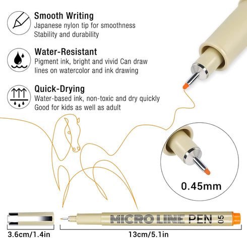 12 Colors 05 Micro Fineliner Drawing Art Pens, Waterproof Archival Ink Pens, 0.45mm Multiliner Fine Liner Pens for Illustration Technical Sketchin...