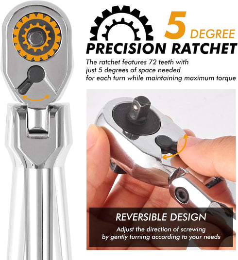 Dual 3/8 and 1/4 Drive Flex Head Ratchet, 72-Tooth 3/8 Ratchet Flex-Head Wrench with Quick-release and Reversible Switch (3/8 and 1/4 Flex-Head)...