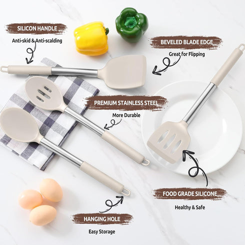 E-far Cooking Utensils Set of 4, Silicone Kitchen Utensils for Non-stick Cookware, Heat Resistant & Non-toxic Slotted Spatula Solid Spoon Turner f...