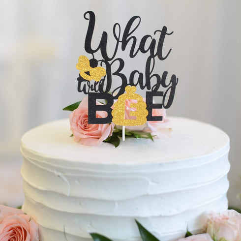 What Will Baby Bee Gender Reveal Cake Topper - Gold Glitter Spring Holidays Bumble Honey Bee Honeycomb Cake Décor - Boy Or Girl He Or She Baby Sho...