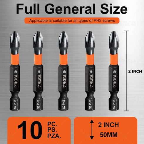 10-Pack Phillips Bits #2 Impact Magnetic 2 Phillips Bits- PH2 Bits Premium S2 Alloy Steel Phillips Head Drill Bits- Phillips Screwdriver Bits (2-I...