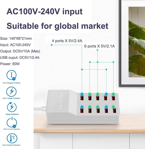 USB Charger Station,10-Port 50W/10A Multiple USB Charging Station,Multi Ports USB Charger Charging for Smartphones?Tablets?and Other USB Devices.....