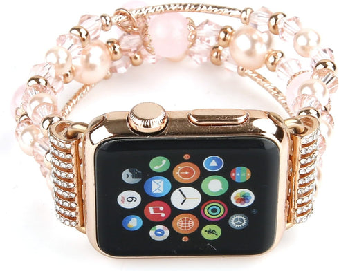 GEMEK Compatible With Apple Watch Band 38/40/41mm Rose Gold Women Pearl Bracelet Strap, Fashion Handmade Elastic Agate Replacement for iWatch Band...