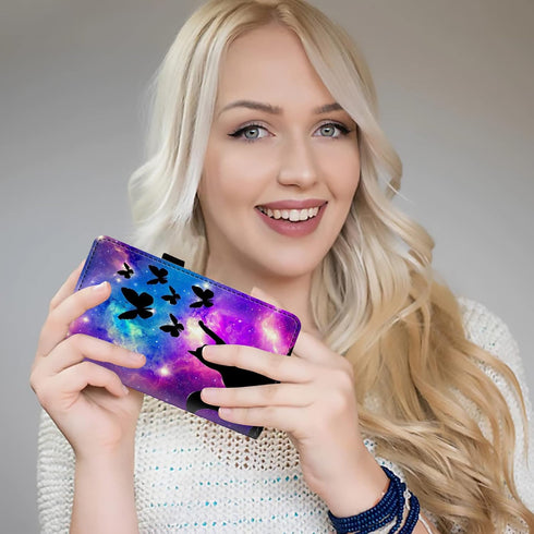 Checkbook Cover for Women Men Premium Leather Check Book Holder Wallet with RFID Blocking Function and Elastic Band, Galaxy Butterfly Cat...