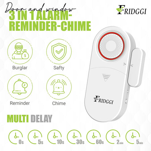 3in1 Alarm - Door Ajar Alarm, Door Chime with Delay, 0/5/10/30/60 Seconds, 2/5 Minutes, Close Door Reminder, 80 to 120 dB, Time Delay Alert When L...