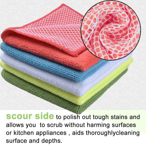 SINLAND 5 Color Assorted Microfiber Dish Cloth Towels Best Kitchen Cloths Cleaning Cloths with Poly Scour Side 12"x12" 5Pack (Pink+Blue+White+Yell...