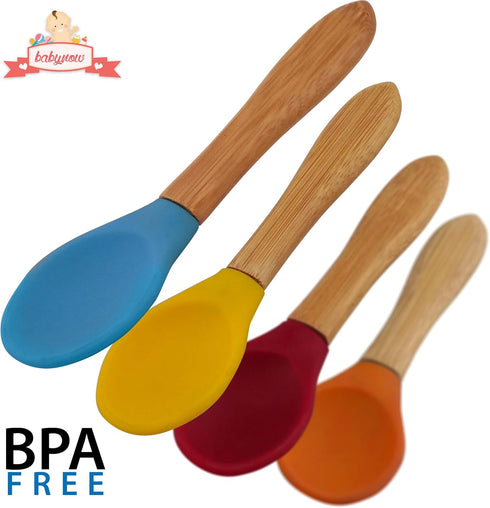 Babynow Bamboo Baby Spoons Self-Feeding Supplies for 6+ Months Babies & Toddlers in Bamboo & Soft Tip Designs BURGUNDY Pack of 2...