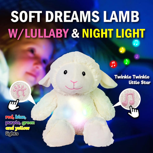 Linzy Toys, 12" Soft Dreams Super Soft Plush Lamb Night Light with Lullabies and soothe The Baby, Huggable Stuffed Animal, Nursery Decor,...