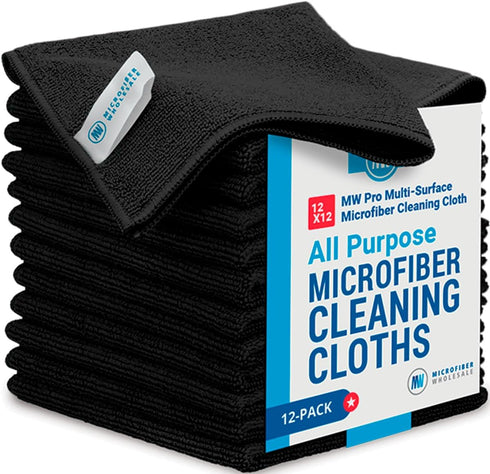 12" x 12" Pro Multi-Surface Microfiber Cleaning Cloths | Black - 12 Pack | Premium Microfiber Towels for Cleaning Glass, Kitchens, Bathrooms, Auto...