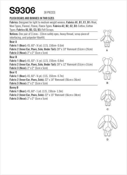 Simplicity Plush Bunnies and Bear Packet, Code 9306 Sewing Pattern, One Size, White...