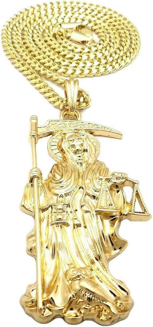 MENS SANTA MUERTE OUR LADY OF HOLY DEATH PENDANT BOX,ROPE CUBAN CHAIN NECKLACE (Cuban Chain Gold)...