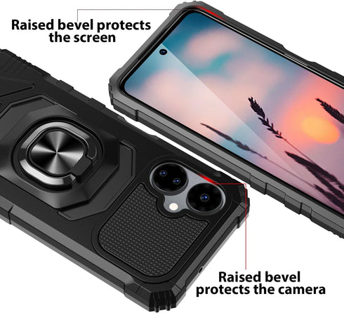 TJS Compatible for Boost Mobile Celero 5G 2024 (3rd Version) Case, with Tempered Glass Screen Protector Metal Ring Magnetic Support Kickstand Heav...