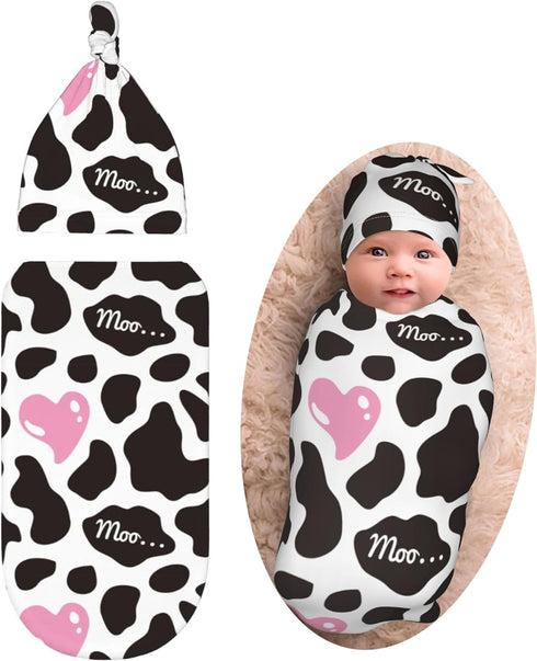 Cow Print Newborn Swaddle Blanket Baby Pink Heart Swaddle Blankets with Beanie Hat Sets Infant Gifts for Boys Girls Soft...