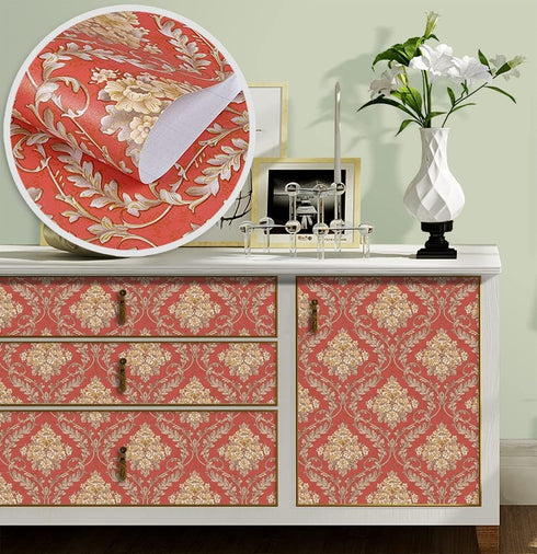 Y1232 Luxury Damask Peel and Stick Wallpaper 17.7" x 9.8ft Red Removable Contact Paper Self-Adhesive Damask Furniture Paper Drawer Shelf Liner Vin...