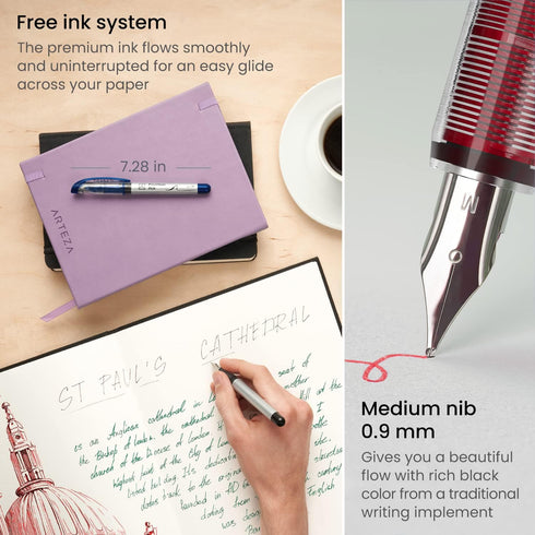ARTEZA Disposable Fountain Pen Set of 12, 4 Basic Colors - Quick-Drying Ink for Smooth Writing, Calligraphy, Journaling, Sketching, and Doodling...