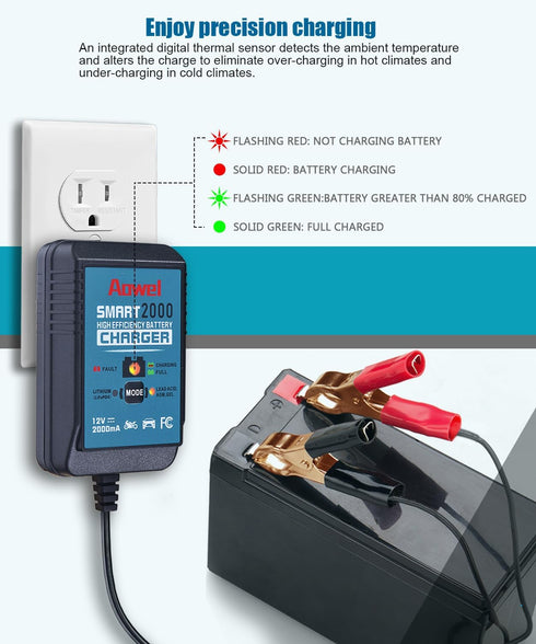 12V, 2-Amp Fully Automatic Battery Charger & Maintainer for Car, Lawn Mower, ATV, Motorcycle, Boat, Marine Lithium(LifePO4) and AGM, Deep Cycle Le...