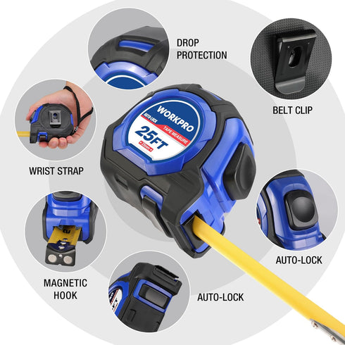 WORKPRO 25FT Auto-Lock Tape Measure, 1/8 Fractions Easy Read Measuring Tape, Double Stop Measurement Tape Accuracy 1/32 for Engineer,with Magnetic...