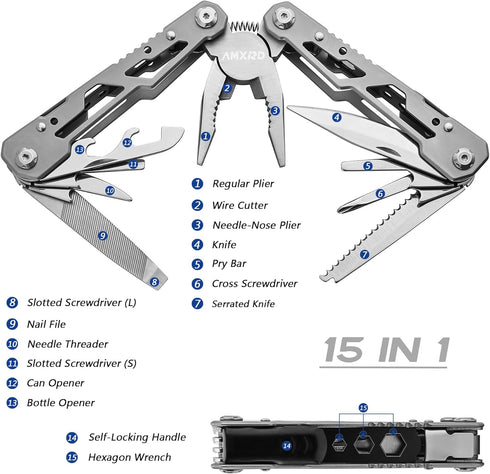 Multitool, 15-in-1 Stainless Steel Multi Tool, Folding Pocket Plier with Nylon Sheath, Perfect for Outdoor, Survival, Camping, Hiking, Simple Repa...