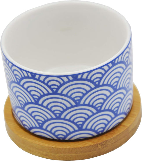 Cute Colorful Japanese Style Ceramic Succulent Cactus Flower Plant Pots with Bamboo Tray (Plant Not Included)...