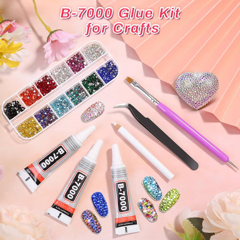 Rhinestones Adhesive Glue for Fabric, 2100Pcs 12 Color Craft Rhinestones Flatback with B7000 Glue Adhesive, Glass Gemstones with Tweezers for Craf...