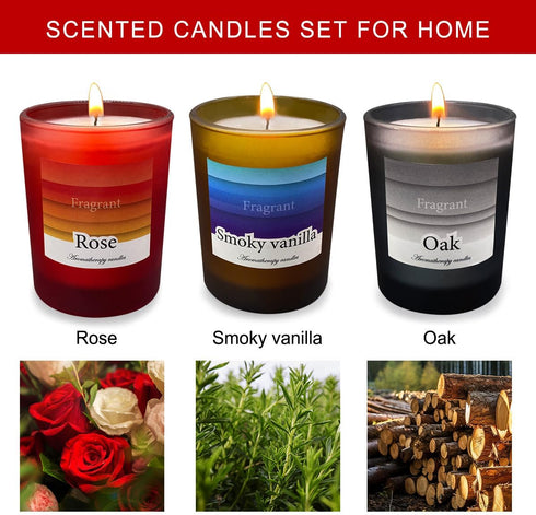 Candles for Home Scented, 3 Pack Frosted Glass Jar Soy Candles, Smoked Vanilla & Rose & Oak Blossom Aromatherapy Candle Gift Set Bath and Body Wor...