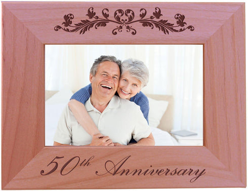 CustomGiftsNow 50th Anniversary - Engraved Natural Alder Wood Tabletop/Hanging Wooden Wedding Picture Frame (4x6-inch Horizontal)...