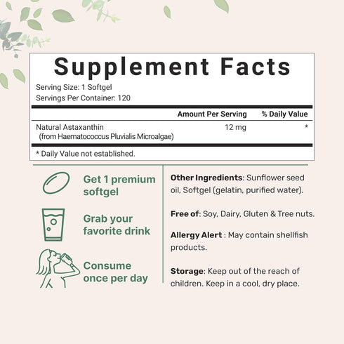 Astaxanthin 12mg, 120*Softgels, 4 Month Supply | Premium Astaxanthin Antioxidant Supplements | Fresh Microalgae Source | Supports Eye, Joint, & In...