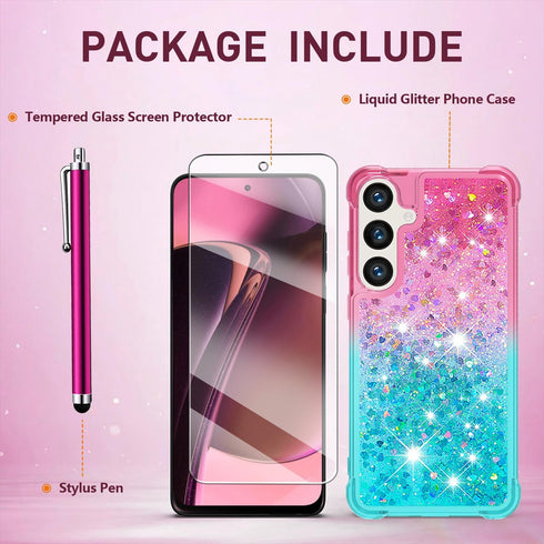 for Samsung Galaxy S24 Case with Screen Protector,Luxury Glitter Bling Liquid Floating Cute Women Girls Shockproof Slim Silicone Soft TPU Shockpro...