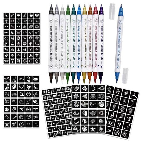 Temporary Tattoo Markers for Skin, 10 Body Markers + 200pcs Tattoo Stencils for Kids Teens and Adults, Dual-End Tattoo Pens Make Bold and Fine Lin...