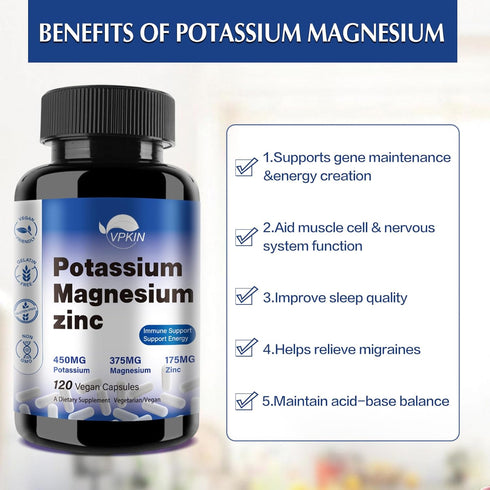 Potassium Magnesium Supplement 1000mg, Magnesium Potassium Zinc Aspartate Support Vascular, Bone, Heart, Muscle & Nerve Health, Non-GMO, Vegan, (1...