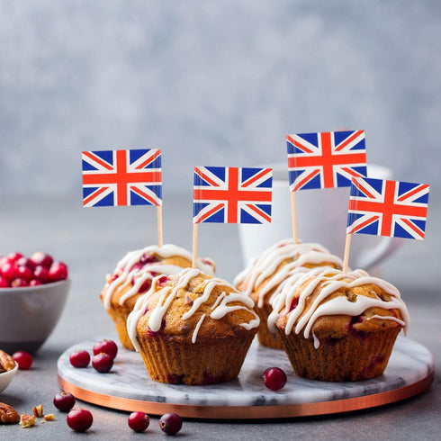 100 Pack British Flag Toothpicks Union Jack Cupcake Topper Picks for Birthday Party Cake Decorations...