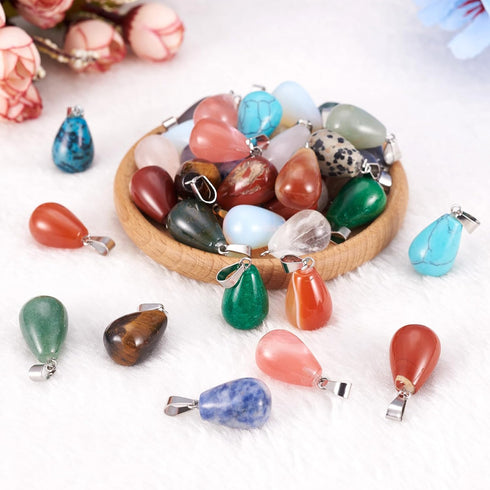 FASHEWELRY 50Pcs Water Drop Stone Pendants Teardrop Healing Crystal Quartz Chakra Gemstone Rock Charms Random Mixed for Necklace Jewelry Making Ho...
