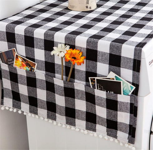 Ammsochy Washing Machine Cover Dust Oil Proof Dryer Top Loader Cloth with Side Storage Pockets Cotton Linen Kitchen Refrigerator Appliance Protector (Black-White grids)