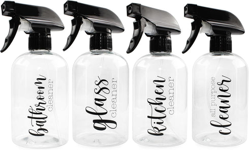 Cornucopia Plastic Cleaning Spray Bottles with Labels (Set of 4); 16oz Refillable Trigger Sprayers w/ 3 Settings and Farmhouse Script Labels...
