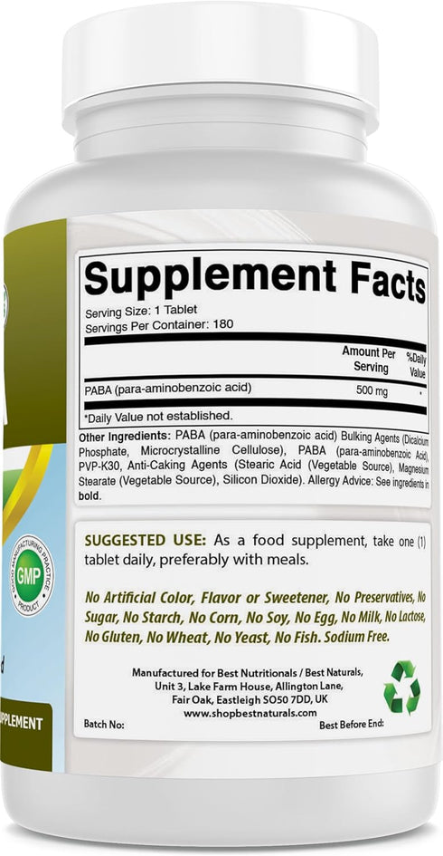 Best Naturals PABA 500 mg 180 Tablets...
