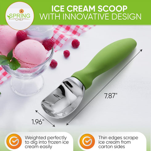 Spring Chef Green Heavy Duty Ice Cream Scoop with Non-Slip Handle - Professional Metal Ice Cream Scooper for Cookie Dough, Frozen Yogurt, Gelato, ...