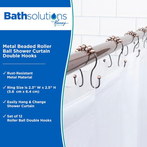 Kenney KN67122 Rust-Resistant Gliding Metal Beaded Shower Curtain Rings with Double Hanging Hooks for Shower Curtain and Standard Shower Curtain R...